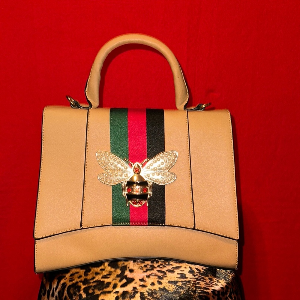 Saks Fifth Avenue Tan and Red Satchel with Structured Design